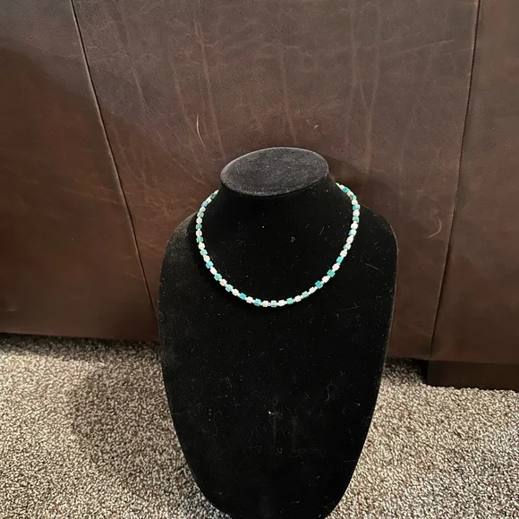 Handcrafted “One of a Kind” Turquoise, Mother of Pearl & Sterling Silver Choker - Picture 2 of 4